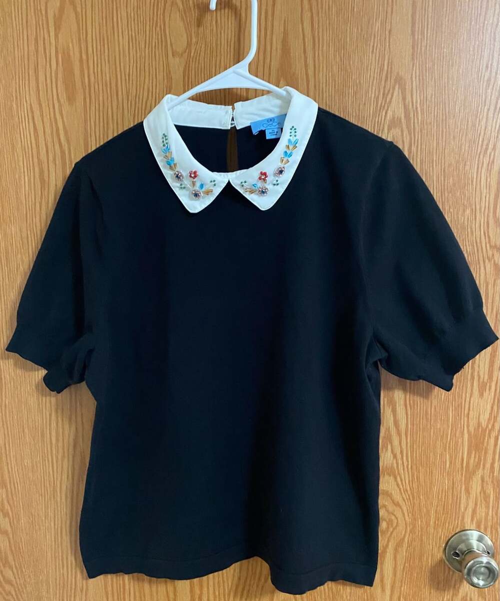 CeCe Embellished Collar Short Sleeve Sweater XL Black